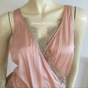 Vintage Herve Leger sleeveless silk faux wrap front Tank top with lace trim.